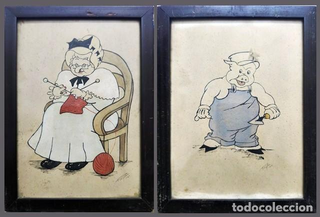 Artesan&iacute;a: DOS CUADROS CON MARCO Y CRISTAL BOCETOS PERSONAJES ANTIGUOS DE DIBUJOS ANIMADOS - CUADRO-1147