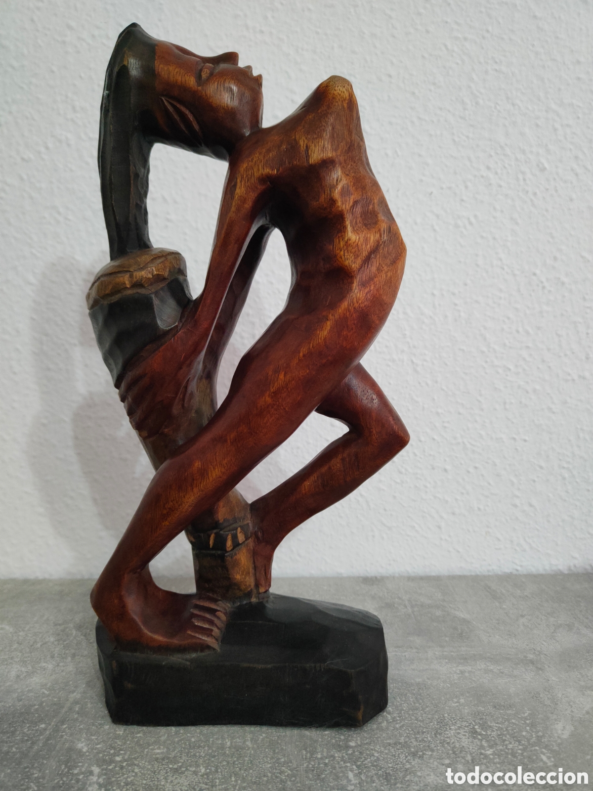 Artesan&iacute;a: Escultura Africana Madera Tallada M&uacute;sico Tambor 35cm