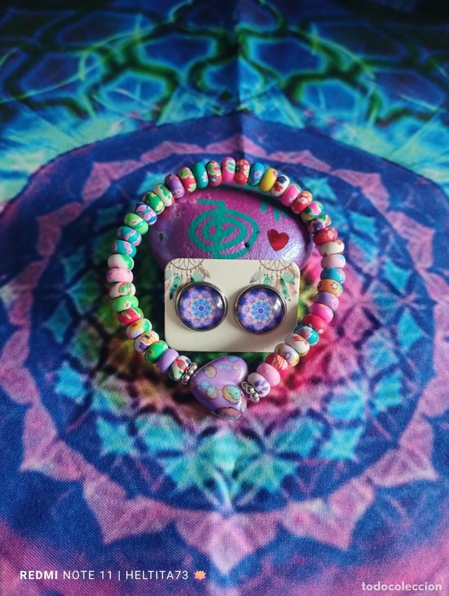 Artesan&iacute;a: Conjunto pulsera y pendientes coraz&oacute;n morado