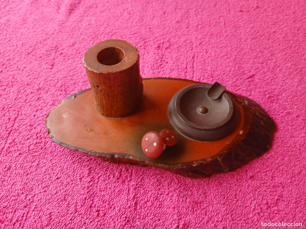 Artesan&iacute;a: cenicero rustico con setas y lapicero en rebanada de un tronco de madera