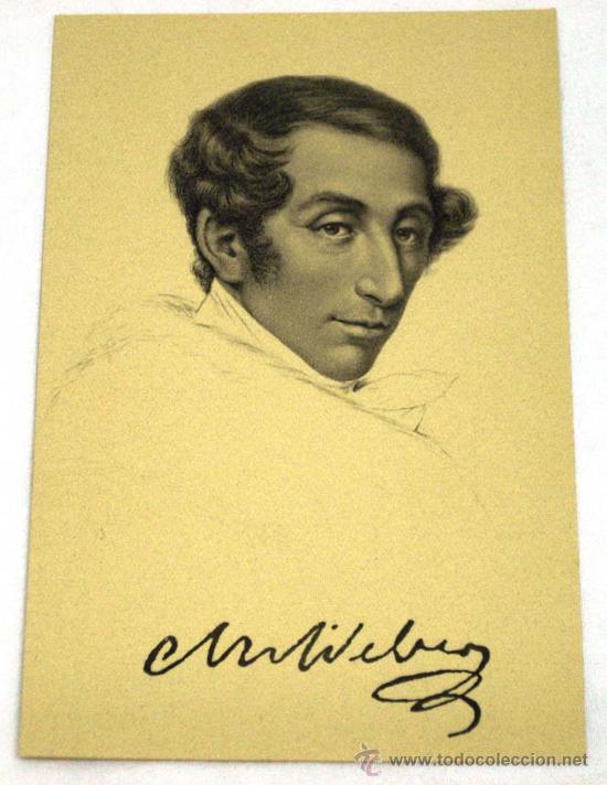 Aut&oacute;grafos antiguos de cantantes y m&uacute;sicos: Postal compositor retrato dibujado con aut&oacute;grafo impreso - Foto 1