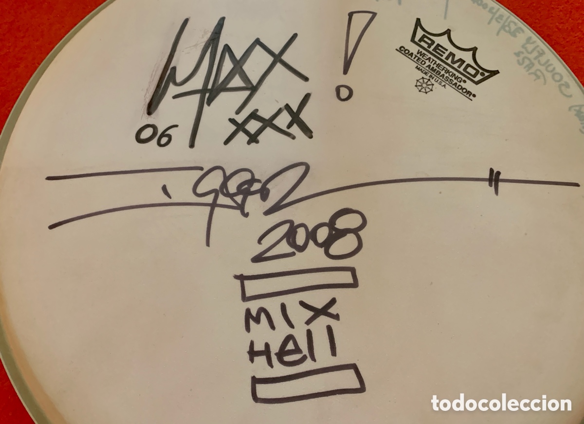 Aut&oacute;grafos antiguos de cantantes y m&uacute;sicos: Max e Igor Cavalera - Firmado Parche de Bater&iacute;a - Foto 2