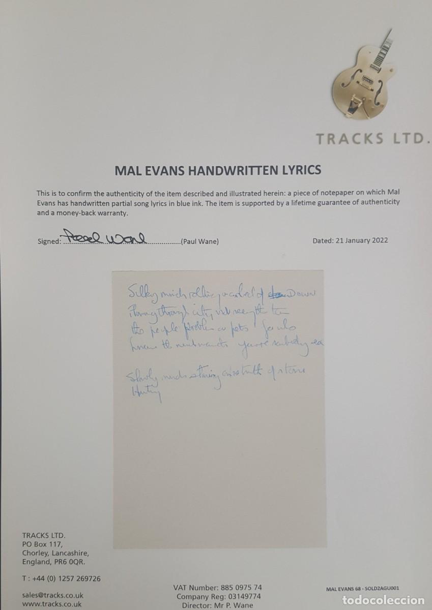 Aut&oacute;grafos antiguos de cantantes y m&uacute;sicos: Beatles-Mal Evans canci&oacute;n manuscrita - Foto 2
