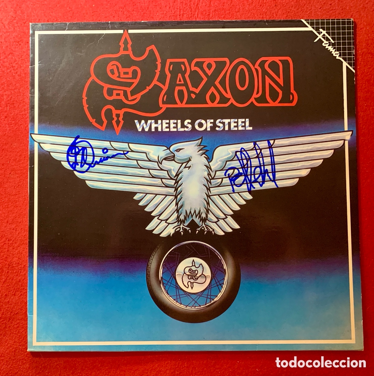 Autographes de Musique : Saxon-Firmado Saxon Vinilo &ldquo;Wheels Of Steel&rdquo; de 1980