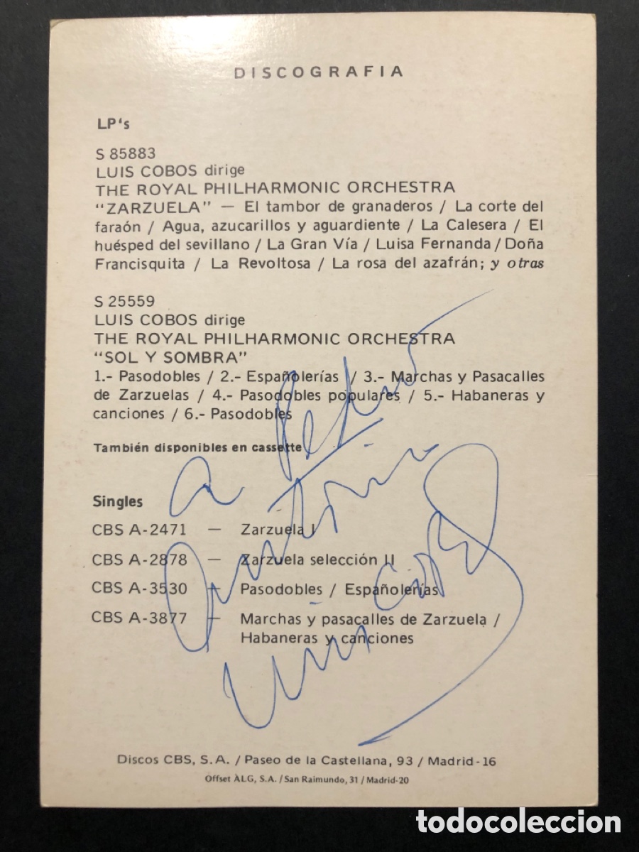 Aut&oacute;grafos antiguos de cantantes y m&uacute;sicos: Tarjeta cbs con aut&oacute;grafo de luis Cobos - Foto 2