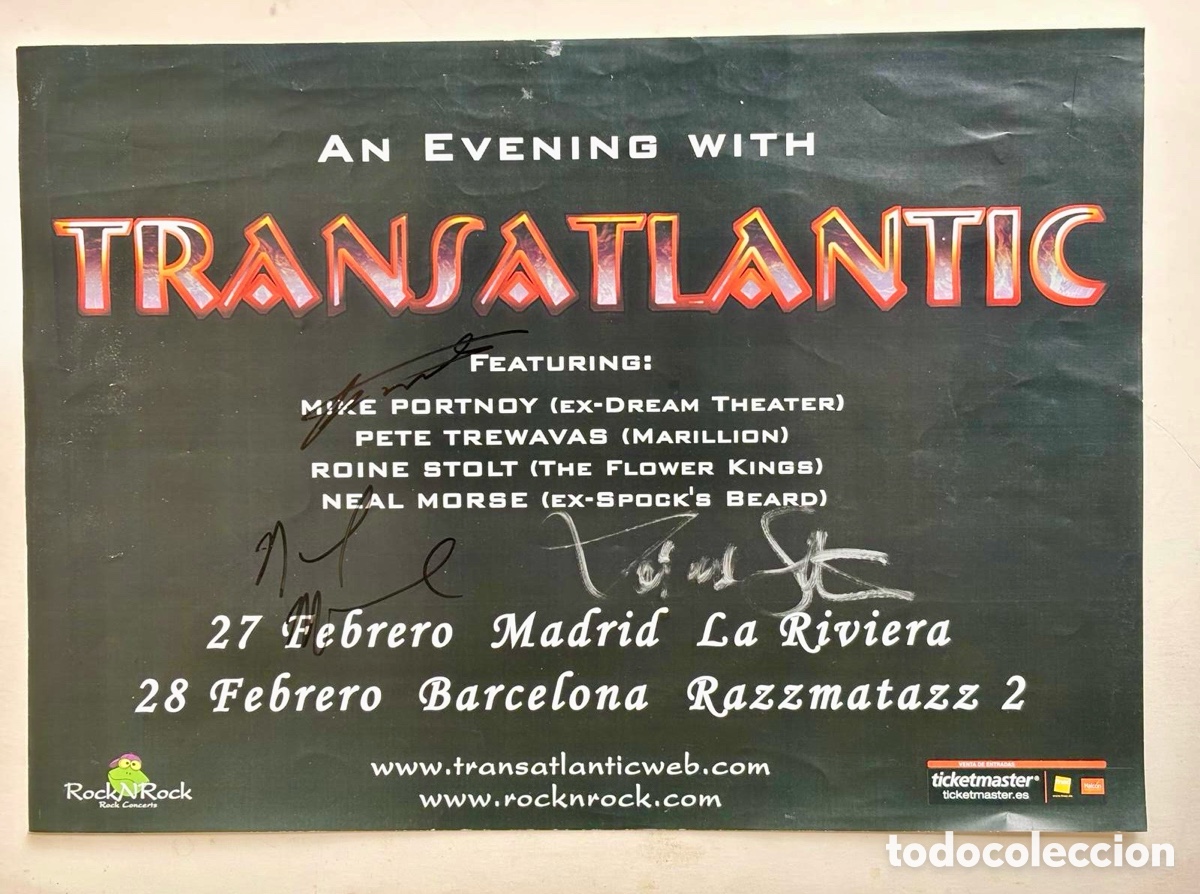Aut&oacute;grafos antiguos de cantantes y m&uacute;sicos: TRANSATLANTIC Poster Firmado en 2014 - Foto 1