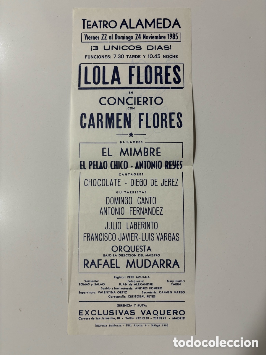 Aut&oacute;grafos Antiguos de Cantantes y M&uacute;sicos: Programa teatro alameda malaga 1985 con aut&oacute;grafo de Lola Flores 10 M