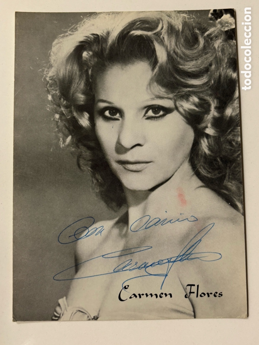 Aut&oacute;grafos Antiguos de Cantantes y M&uacute;sicos: Tarjeta con aut&oacute;grafo y dedicatoria de Carmen Flores M