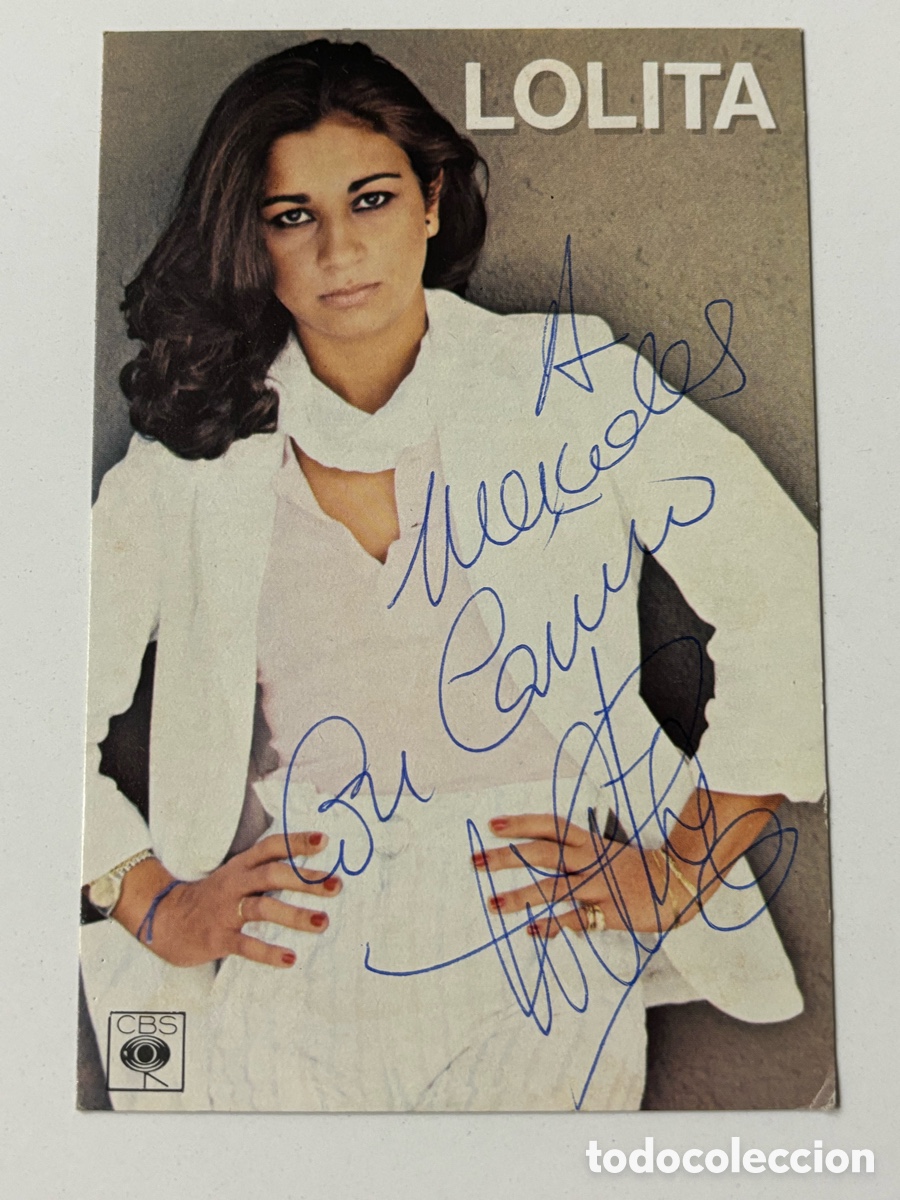 Aut&oacute;grafos Antiguos de Cantantes y M&uacute;sicos: Tarjeta Discos CBS con aut&oacute;grafo de Lolita Flores M