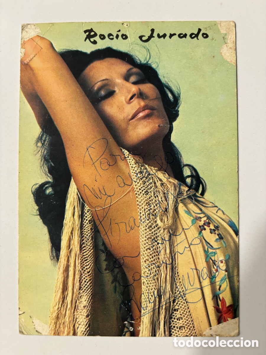 Aut&oacute;grafos Antiguos de Cantantes y M&uacute;sicos: Tarjeta discos Columbia con aut&oacute;grafo de Roc&iacute;o Jurado M