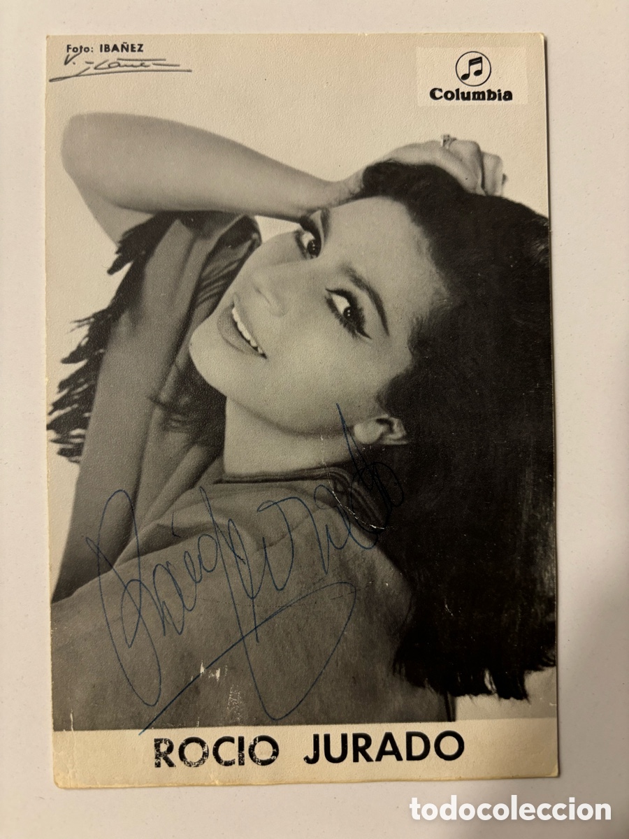 Aut&oacute;grafos Antiguos de Cantantes y M&uacute;sicos: Tarjeta discos Columbia con aut&oacute;grafo de Roc&iacute;o Jurado M