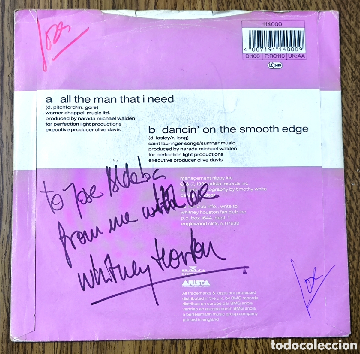 Aut&oacute;grafos antiguos de cantantes y m&uacute;sicos: WHITNEY HOUSTON DEDICATORIA Y FIRMA - Foto 2