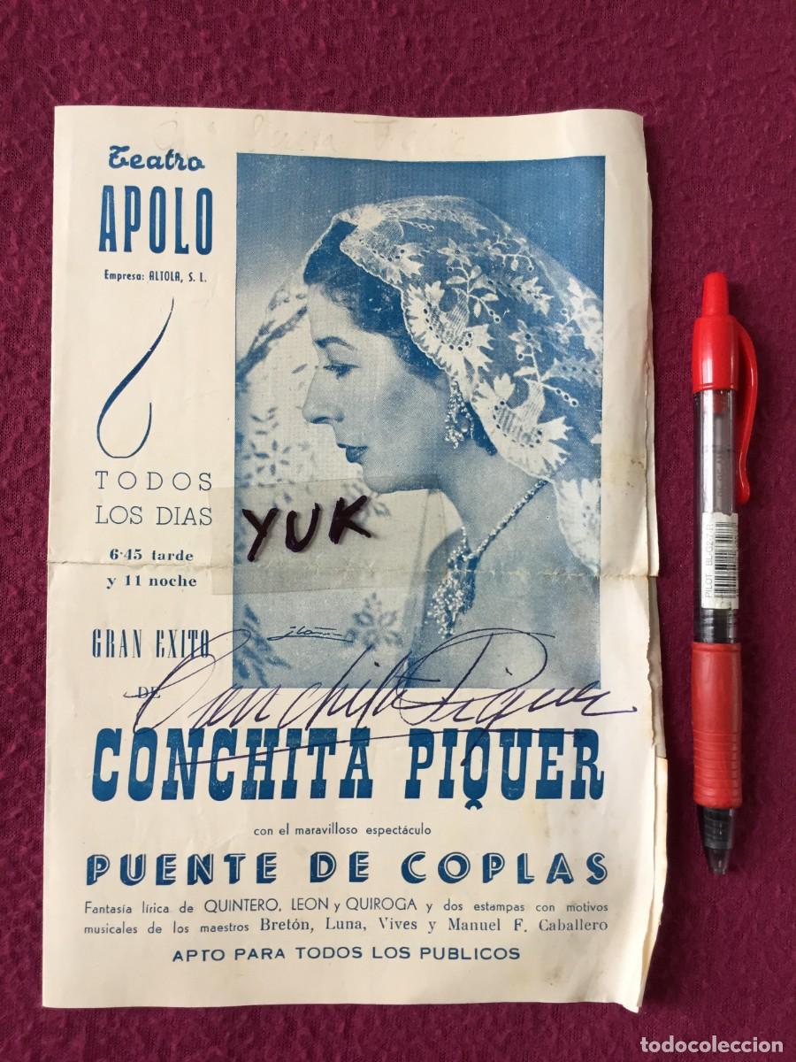 Aut&oacute;grafos Antiguos de Cantantes y M&uacute;sicos: Programa teatro Apolo de Valencia - Puente de coplas con Conchita piquer con su firma / autografo