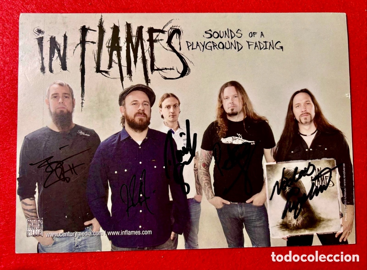 Music Autographs: In Flames-Firmado Flayer Oficial de la Banda de su Album &ldquo;Sounds of a Playground Fading&rdquo; en 2011