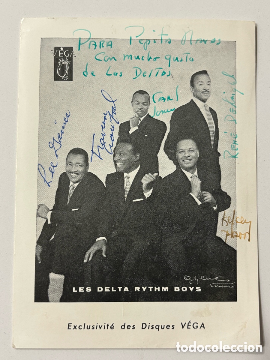 Aut&oacute;grafos Antiguos de Cantantes y M&uacute;sicos: Tarjeta discos Vega con aut&oacute;grafo de todos los componentes de les delta Rythm Boys L