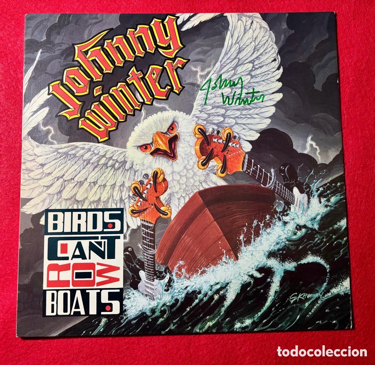 Autographes de Musique : Johnny Winter Firmado vinilo &ldquo;Birds Can't Row Boats&rdquo; Lp 1988