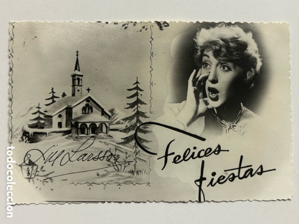 Aut&oacute;grafos antiguos de cantantes y m&uacute;sicos: Foto original felicitaci&oacute;n Navidad con aut&oacute;grafo de la vedette Lill Larsson L