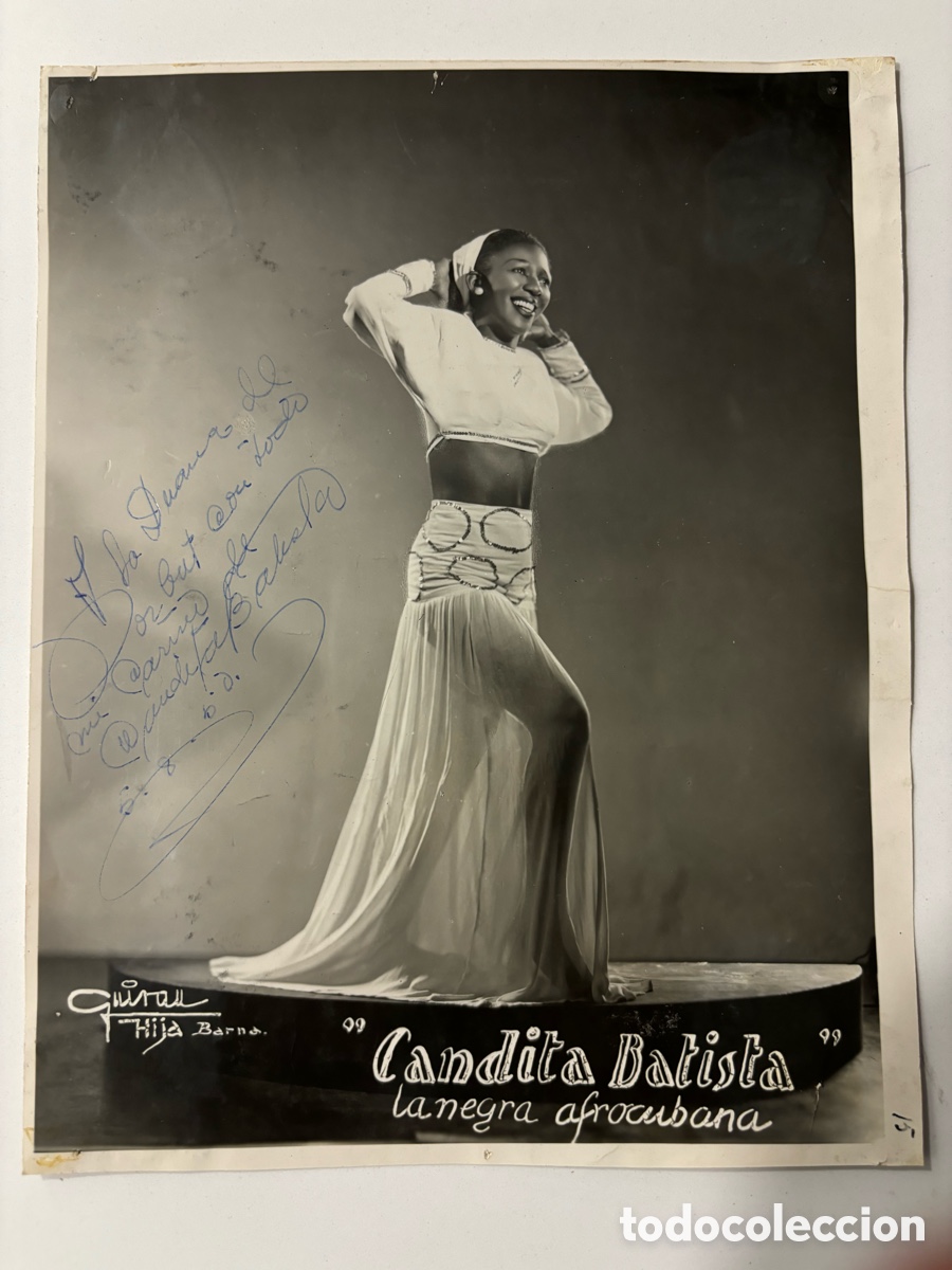 Aut&oacute;grafos antiguos de cantantes y m&uacute;sicos: Foto original aut&oacute;grafo de cantante cubana Candita Batista la negra afrocubana foto Guirau Barcelona