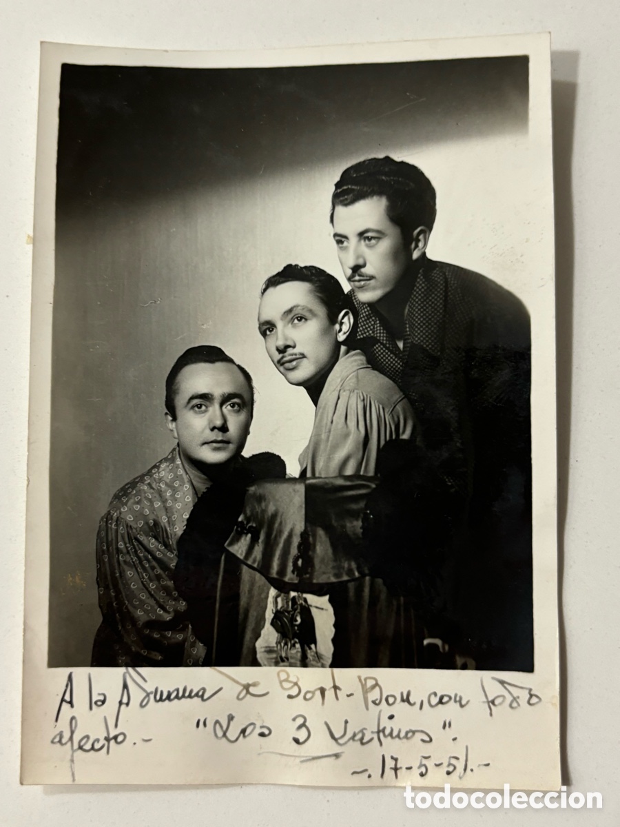 Aut&oacute;grafos antiguos de cantantes y m&uacute;sicos: Foto original con aut&oacute;grafo de los 3 latinos 1951 foto venegas Madrid