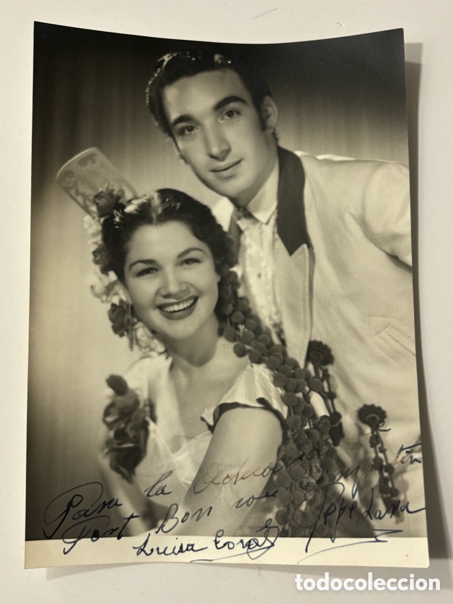Aut&oacute;grafos antiguos de cantantes y m&uacute;sicos: Foto original con aut&oacute;grafo de la pareja de baile Luisa coral y Pepe Lara