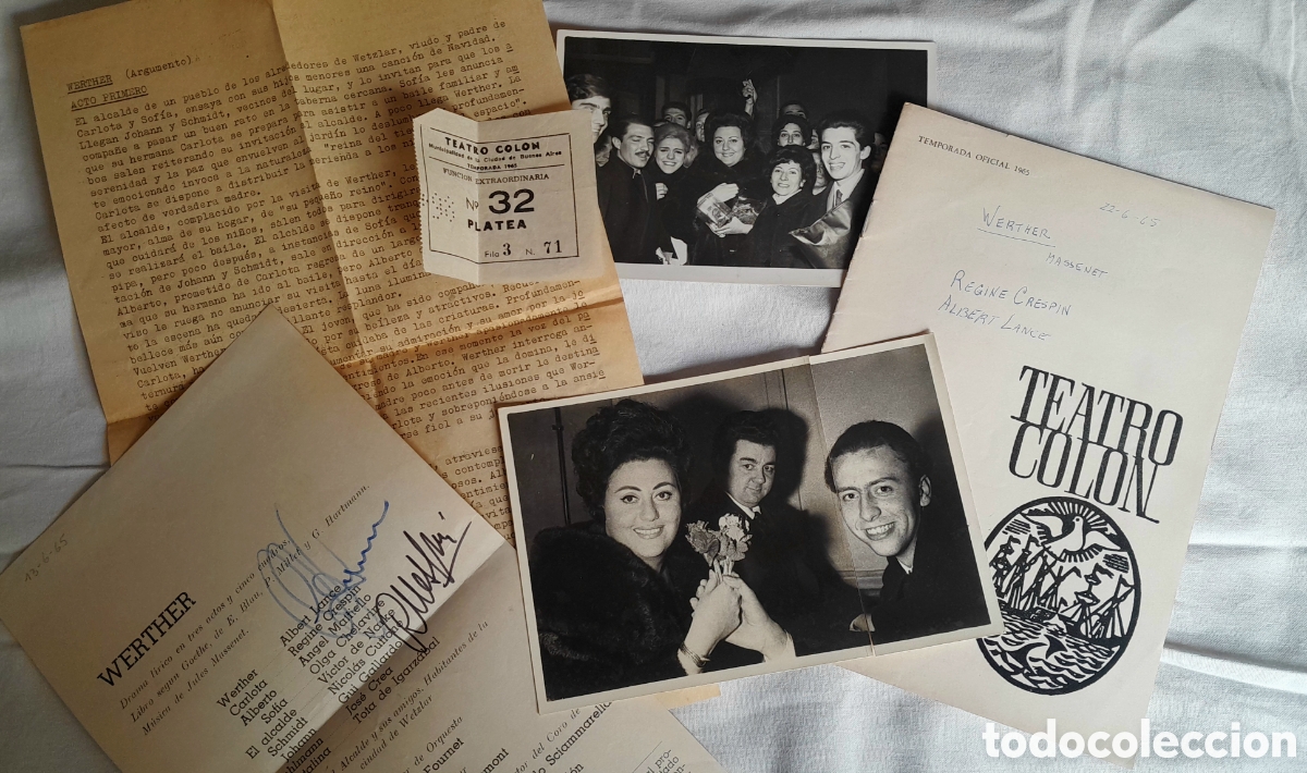Aut&oacute;grafos antiguos de cantantes y m&uacute;sicos: Programa Teatro Col&oacute;n. Regine Crespin, Alberto Lance. Autografiado fotos.Opera WERTHER 1965 Basaldua