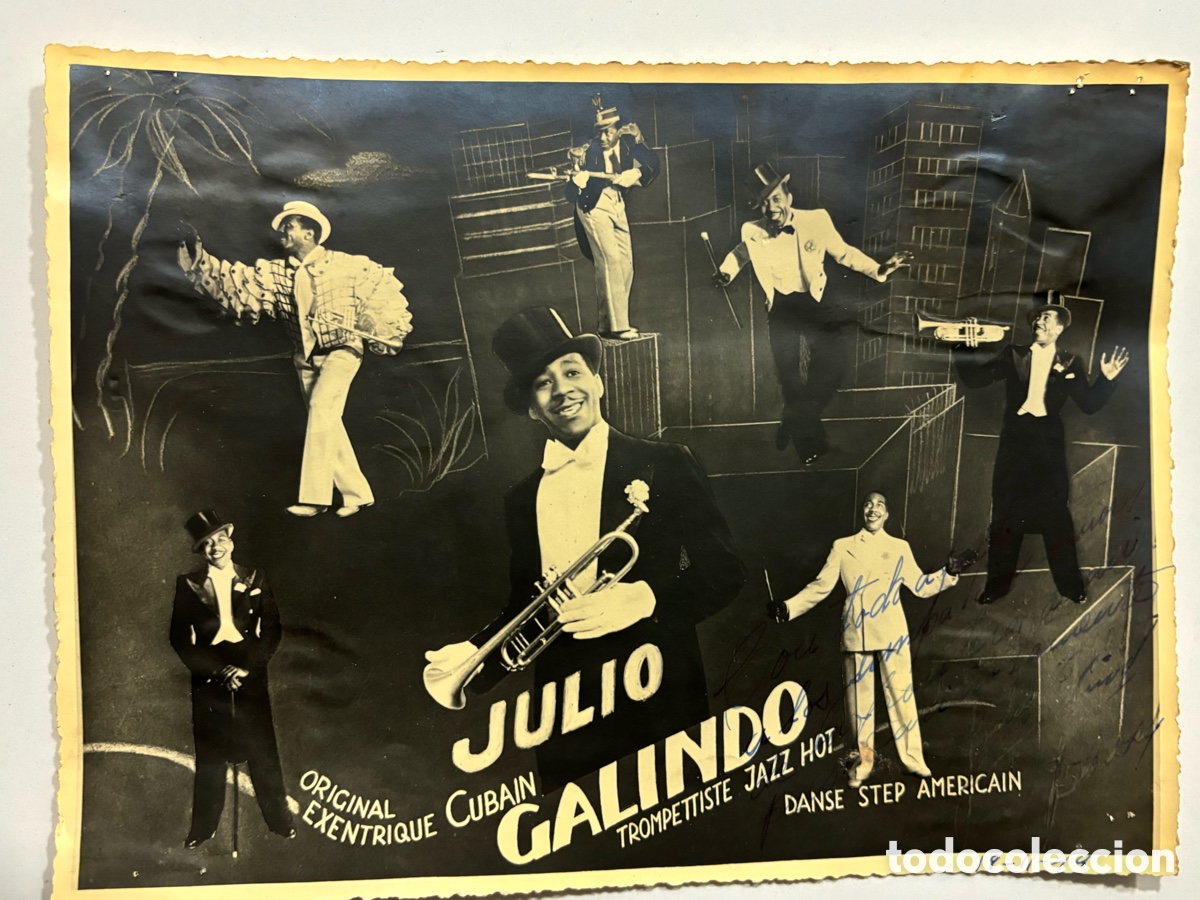 Aut&oacute;grafos antiguos de cantantes y m&uacute;sicos: Foto original con aut&oacute;grafo del trompetista y m&uacute;sico cubano jazz hot Julio Galindo 1944