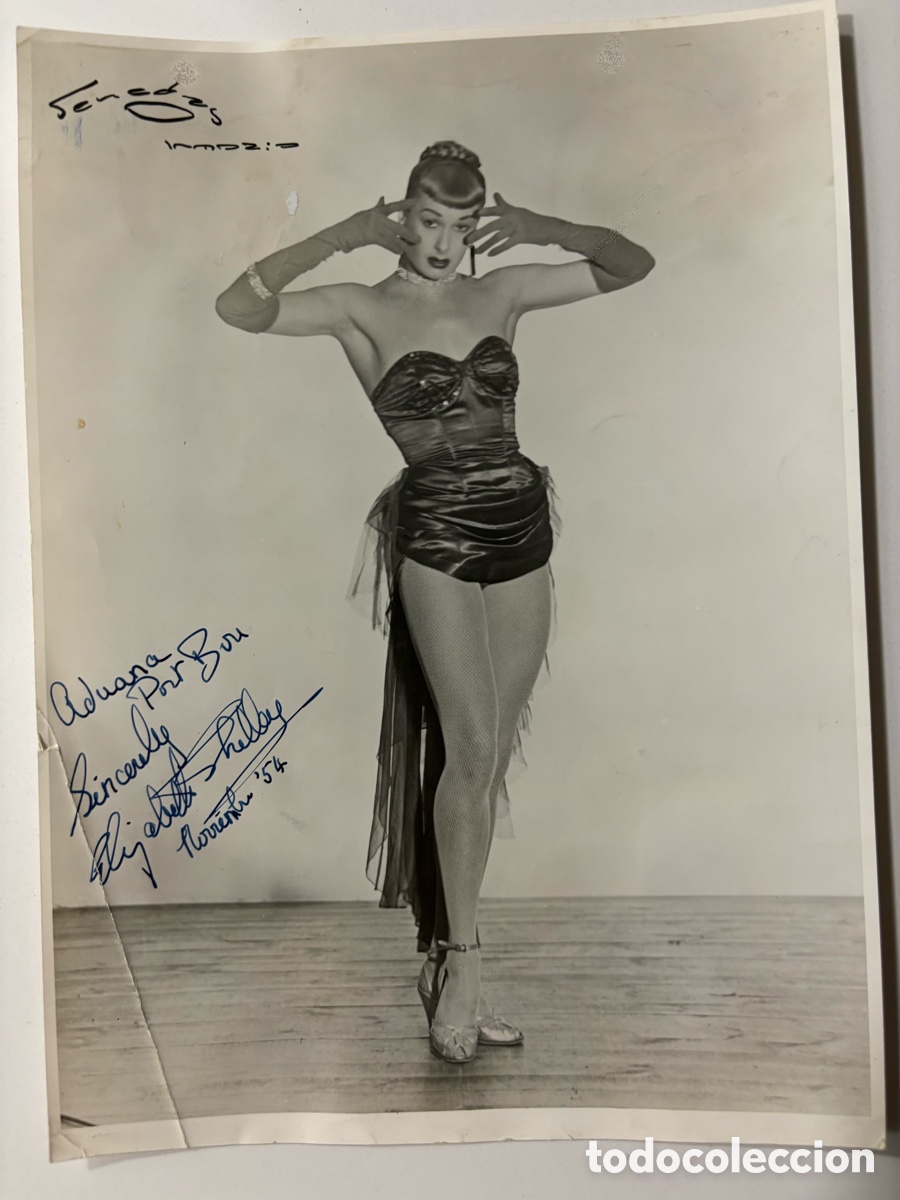 Aut&oacute;grafos antiguos de cantantes y m&uacute;sicos: Foto original con aut&oacute;grafo de la vedette Elizabeth Shelley