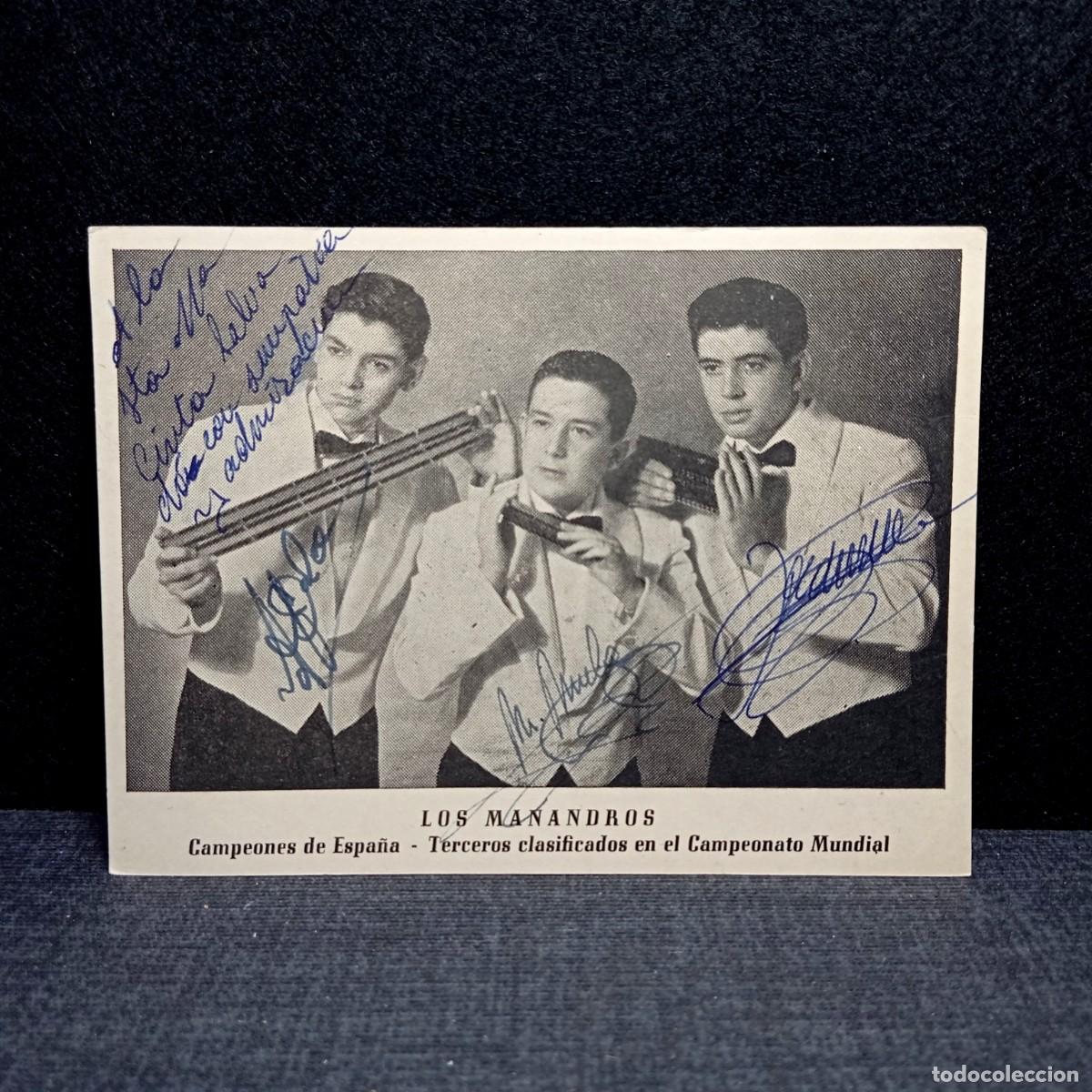 Aut&oacute;grafos antiguos de cantantes y m&uacute;sicos: Tarjeta Promocional Firmada Aut&oacute;grafos Tr&iacute;o Los Manandros Arm&oacute;nica Tarragona Campeones Espa&ntilde;a 1958