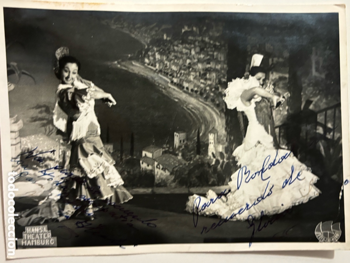 Aut&oacute;grafos antiguos de cantantes y m&uacute;sicos: Foto original con aut&oacute;grafo de pareja de baile flamenco