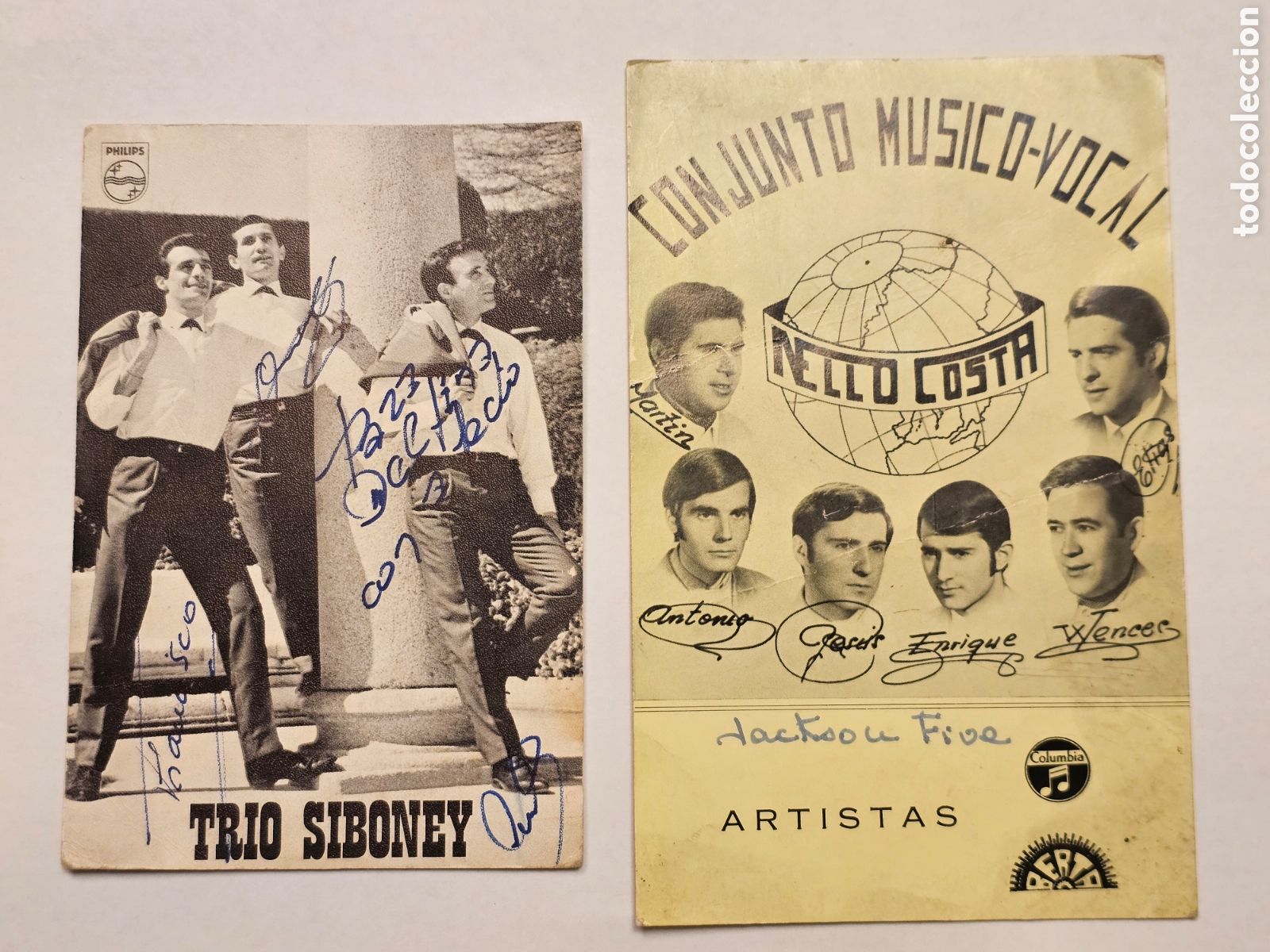 Aut&oacute;grafos de M&uacute;sica: Dos tarjetas de recuerdo con autografo, grupos musica, Trio Siboney y Nello Costa, mediados XX