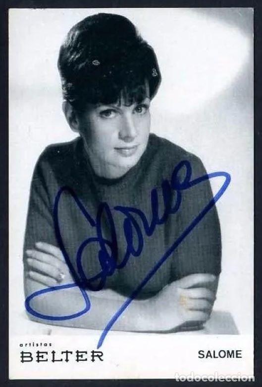 Aut&oacute;grafos antiguos de cantantes y m&uacute;sicos: Aut&oacute;grafo *Salom&eacute;* Impreso *Discos Belter* 104x158 mm.