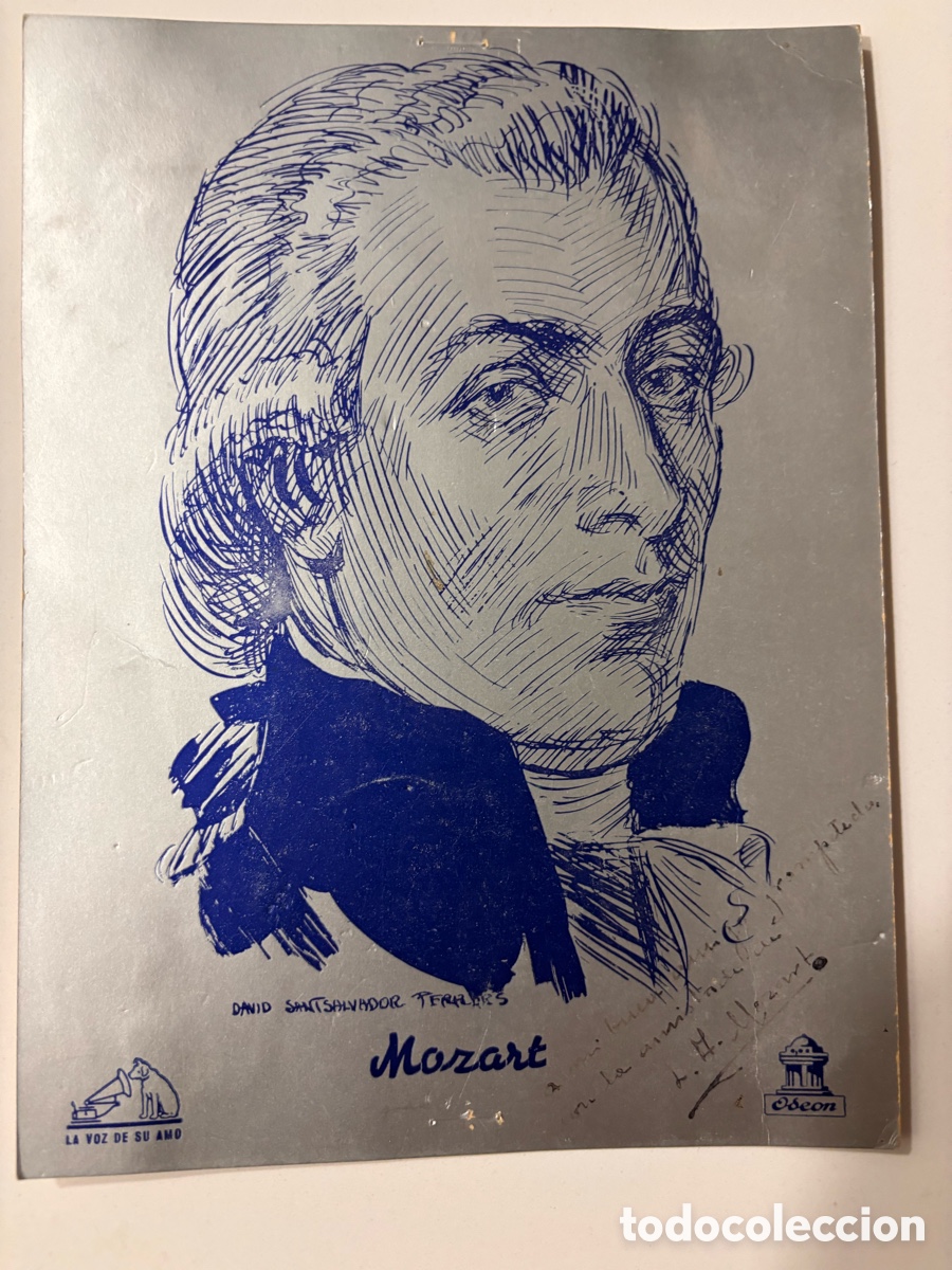 Music Autographs: Tarjeton la voz de su amo odeon con dibujo de Mozart de David Santsalvador