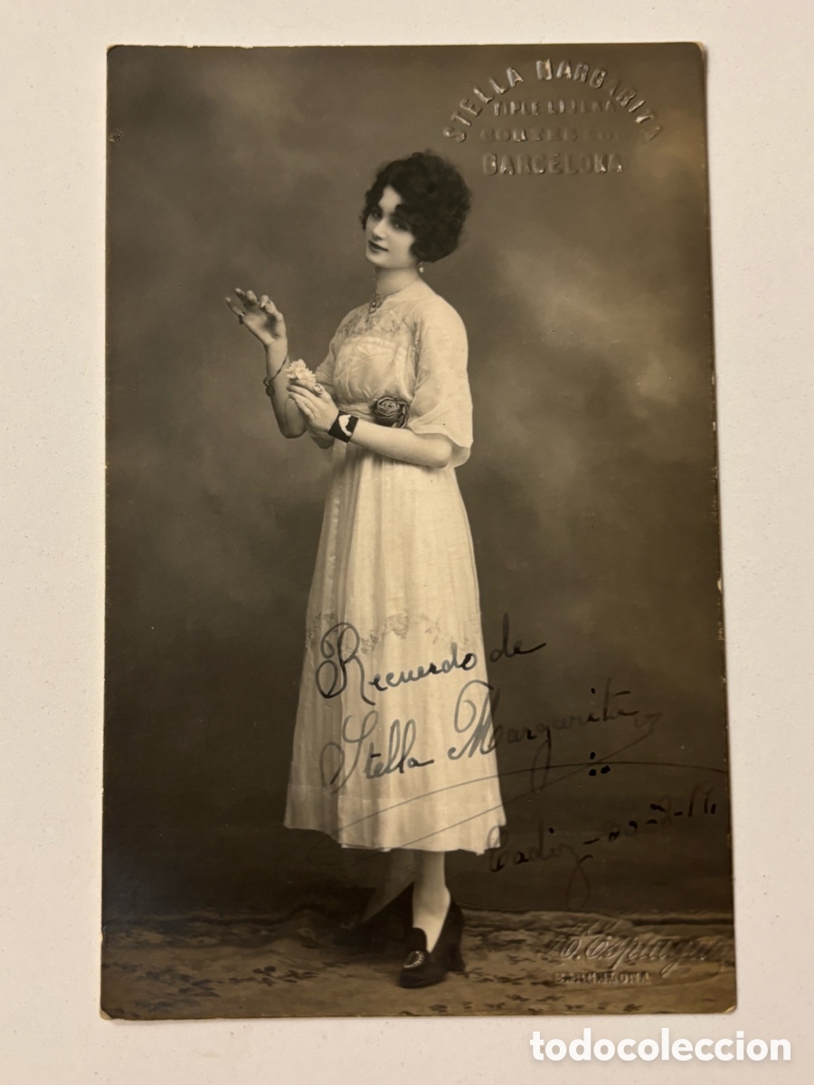 Aut&oacute;grafos antiguos de cantantes y m&uacute;sicos: Foto original con aut&oacute;grafo de la tiple y cupletista Stella Margarita foto Esplugas Barcelona