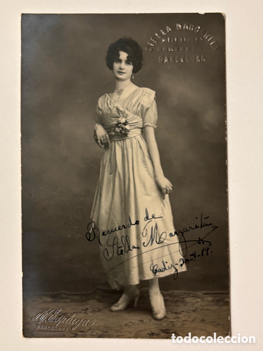 Aut&oacute;grafos antiguos de cantantes y m&uacute;sicos: Foto original con aut&oacute;grafo de la tiple y cupletista Stella Margarita foto Esplugas Barcelona