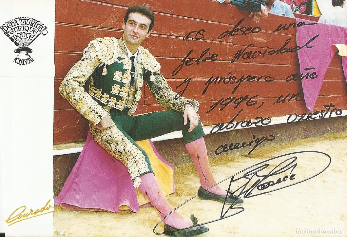Coleccionismo deportivo: Enrique Ponce. Fotograf&iacute;a firmada y dedicada. Pe&ntilde;a taurina China. Toros. 15,5x11,5 cm. 1996.