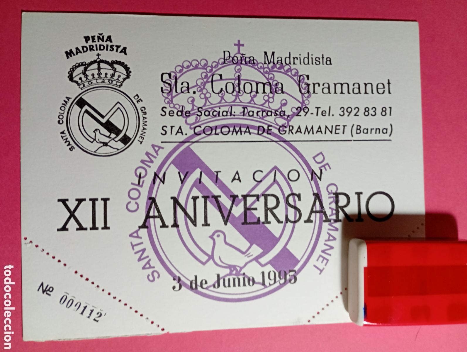 Coleccionismo deportivo: STA. COLOMA DE GRAMANET PE&Ntilde;A MADRIDISTA INVITACI&Oacute;N AL XII ANIVERSARIO AUT&Oacute;GRAFO DE GENTO A &Aacute;NGEL