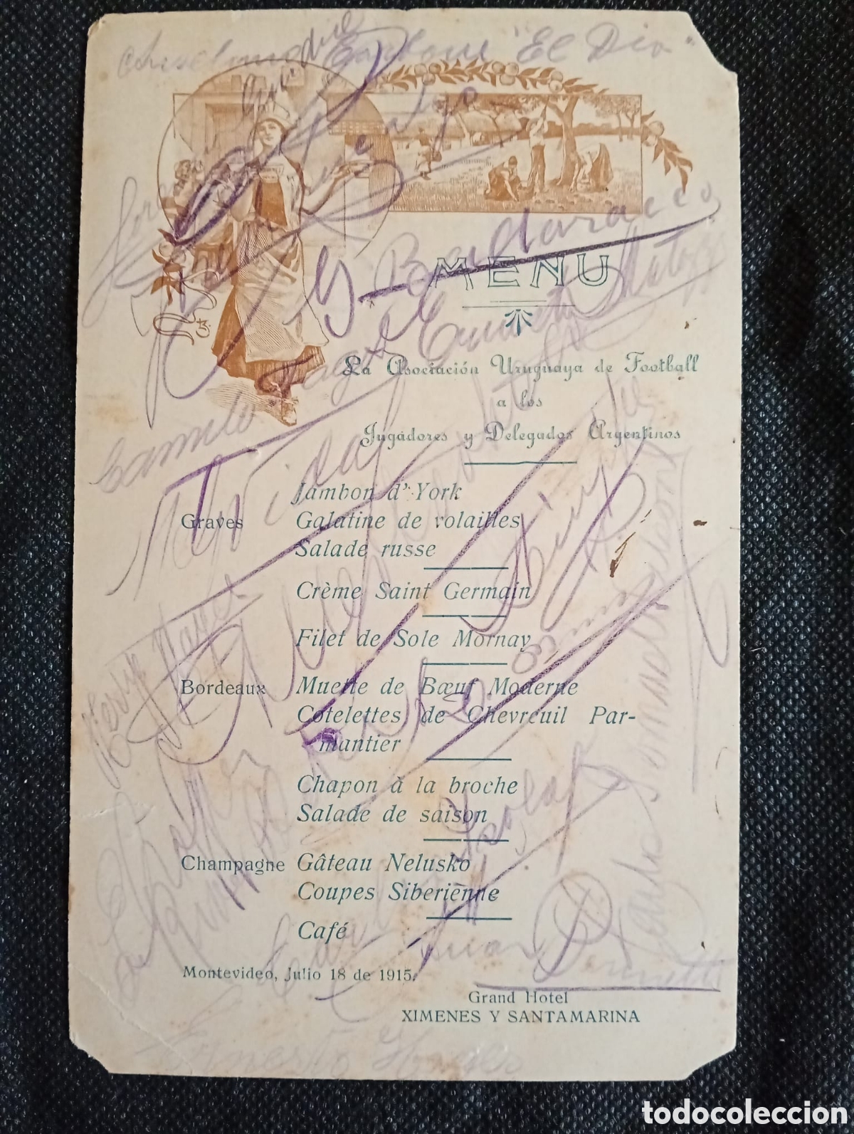 Coleccionismo deportivo: ​Pieza de Museo Exclusiva: Men&uacute; de Banquete Oficial de la AUF (1915) con Aut&oacute;grafos Originales