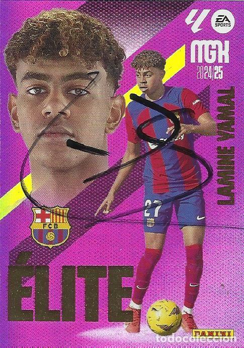 Coleccionismo deportivo: Lamine Yamal. Aut&oacute;grafo, autograph, firma. F. C. Barcelona. F&uacute;tbol. En cromo. Con COA. 9x6,5 cm.