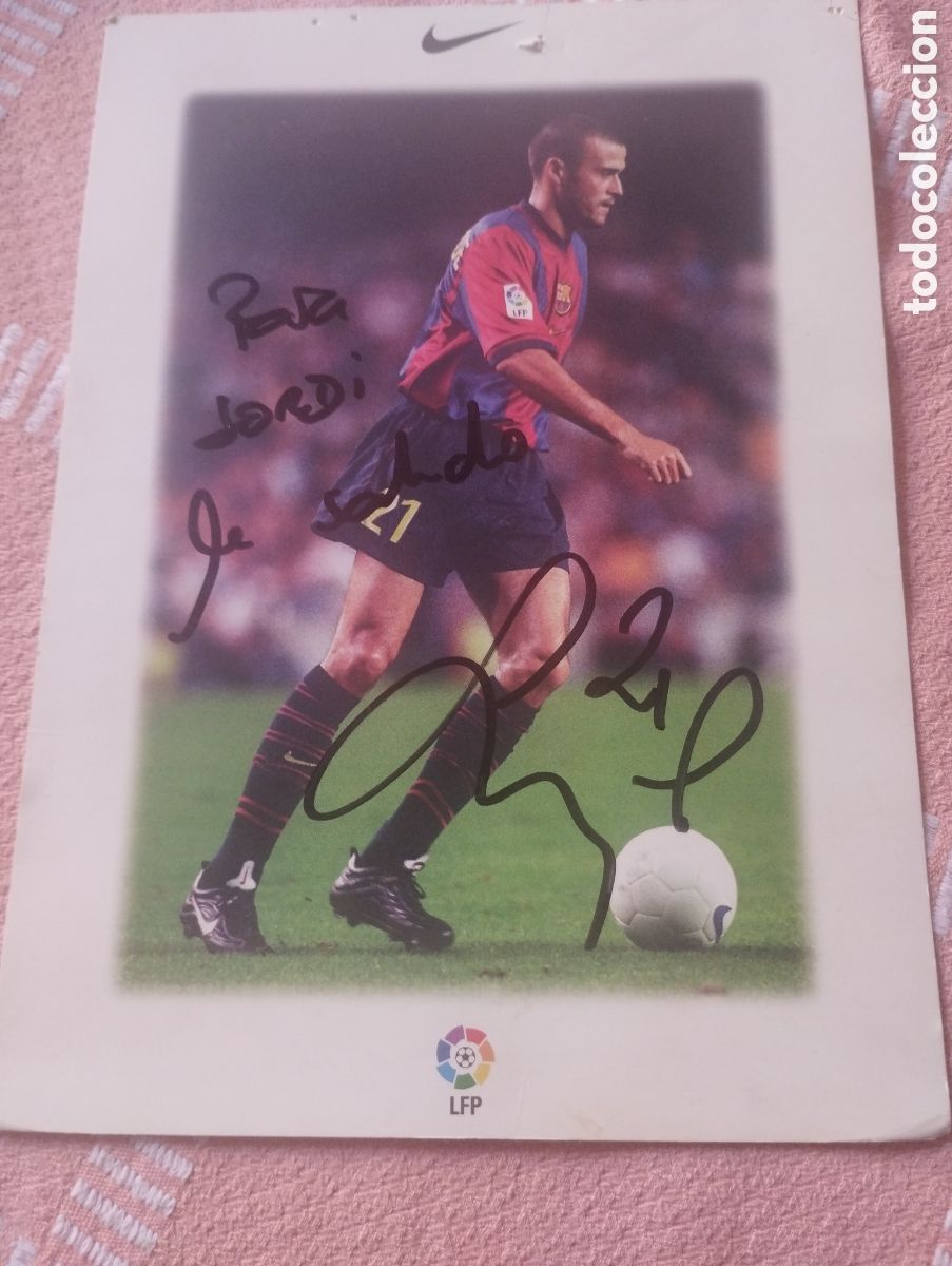 Coleccionismo deportivo: Postal original de la LFP del jugador del FCB Luis Enrique con aut&oacute;grafo