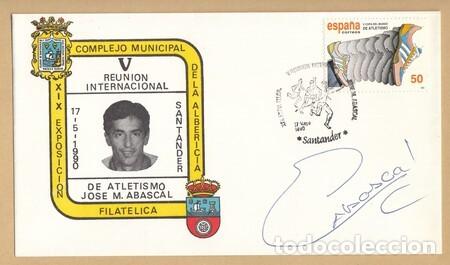 Coleccionismo deportivo: ATLETISMO. Sobre conmemorativo de 1990 con aut&oacute;grafo de Jose M&ordf; Abascal.