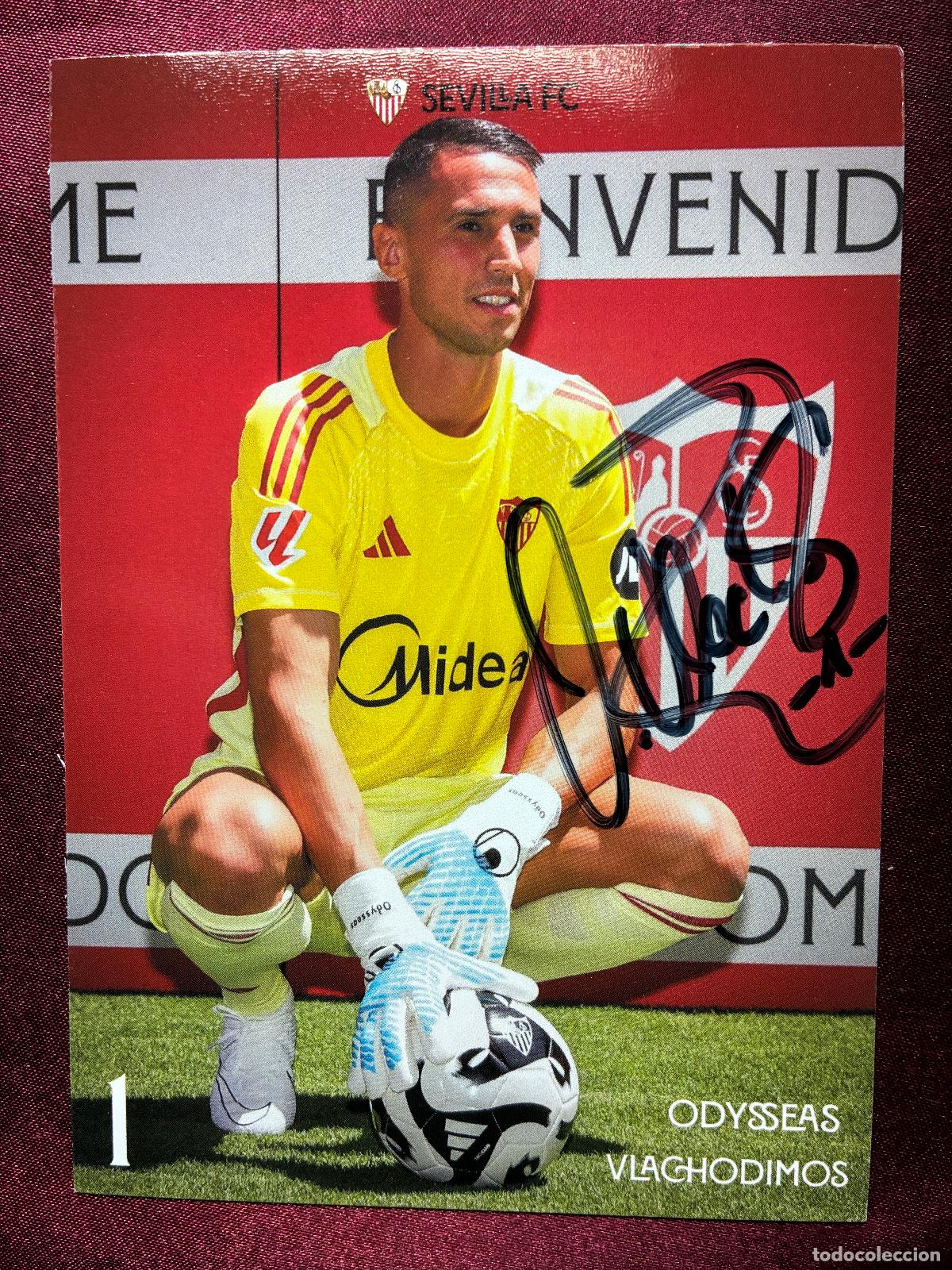 Coleccionismo deportivo: Aut&oacute;grafo original ODYSSEAS VLACHODIMOS-Sevilla FC-Grecia-15x10cm firmada