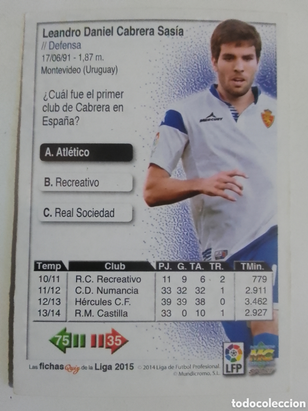 Coleccionismo deportivo: Cromo autografiado Cabrera &bull; Zaragoza. - Foto 2