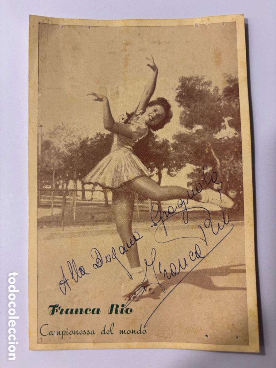 Coleccionismo deportivo: Tarjeta con aut&oacute;grafo de la patinadora Franca r&iacute;o campeona del mundo italiana de patinaje
