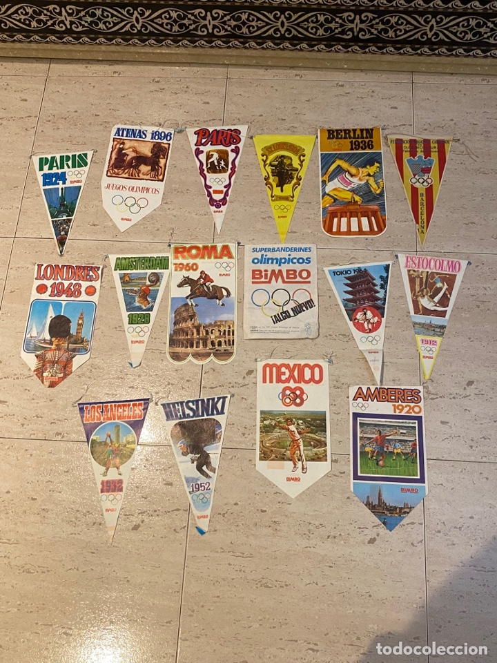 LOTE DE 15 SUPER BANDERINES OLIMPICOS DE BIMBO + CATALOGO ALBUM BANDERIN 1968 DEPORTES FUTBOL (Coleccionismo Deportivo - Banderas y Banderines de Fútbol)