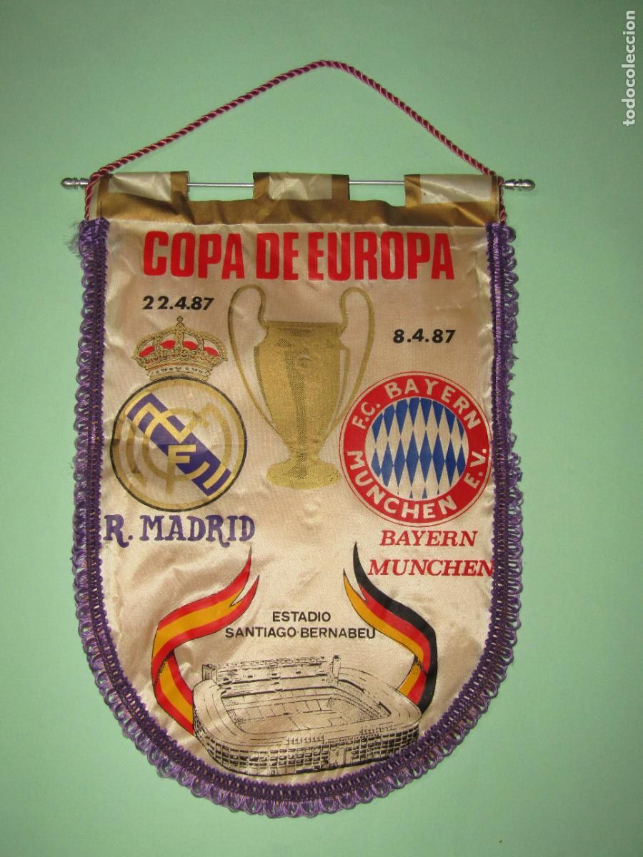 Coleccionismo deportivo: Antiguo Bander&iacute;n de la Eliminatoria COPA DE EUROPA Real Madrid - Bayern de Munich Munchen A&ntilde;o 1987