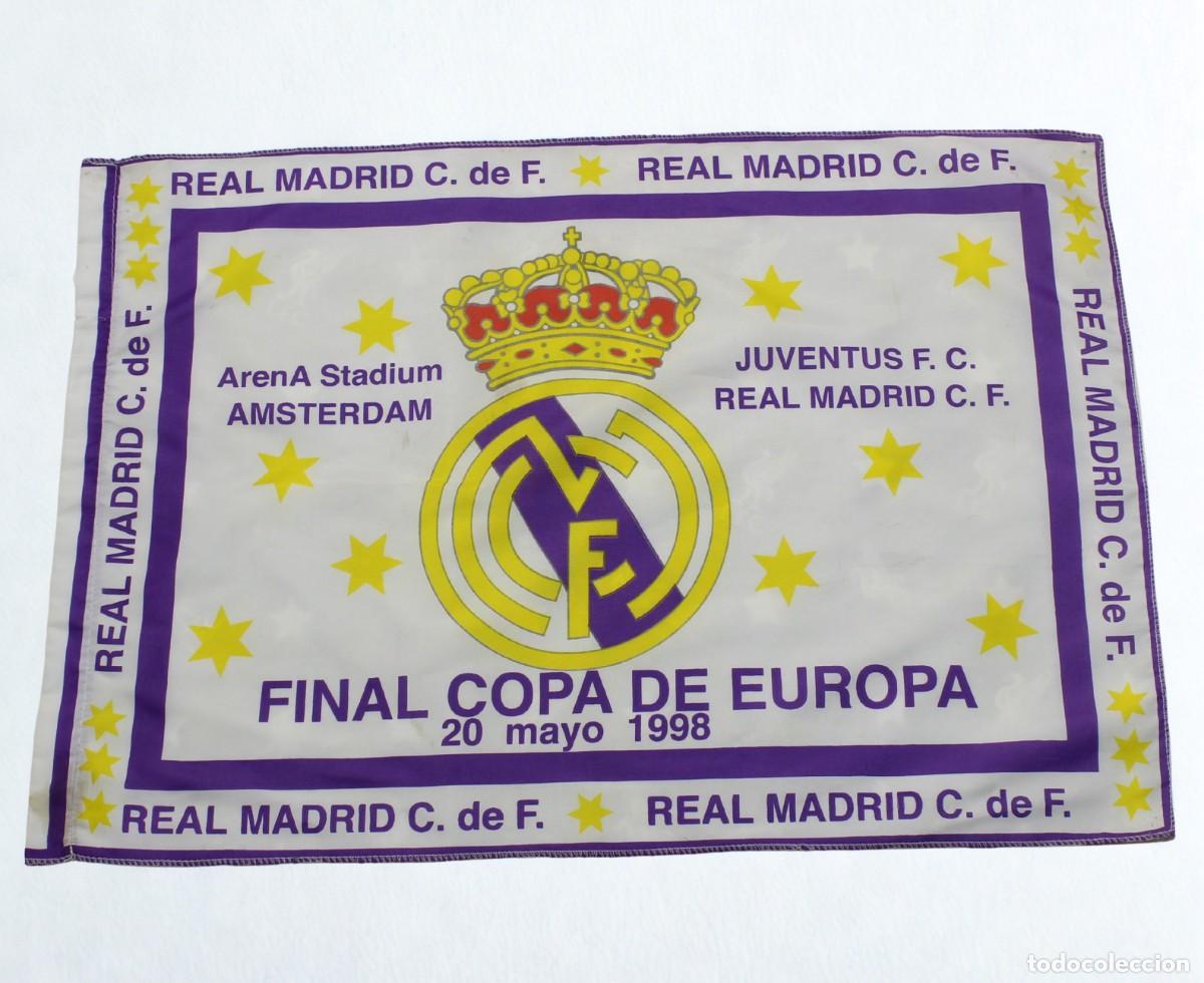 Coleccionismo deportivo: Bandera Real Madrid Final Copa Europa 1998 Amsterdam Juventus Vintage 73x50cm