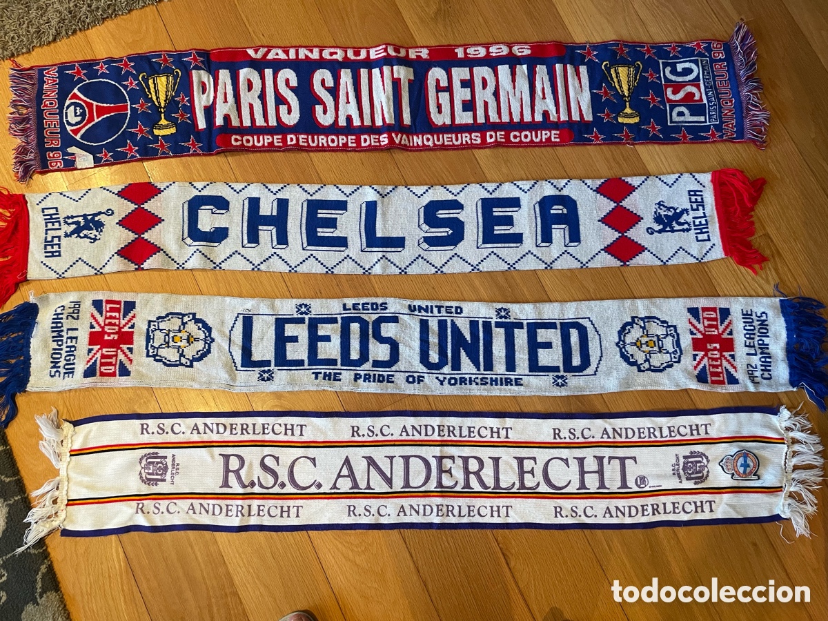 Coleccionismo deportivo: Bufandas a&ntilde;os 90 chelsea, Leeds United, Par&iacute;s Saint Germ&aacute;n, Anderlech