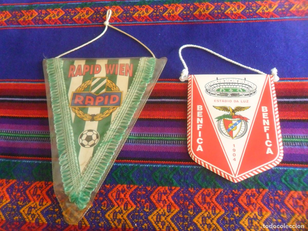Coleccionismo deportivo: PRECINTADO BANDER&Iacute;N TELA RAPID DE VIENA WIEN Y BENFICA DE LISBOA EST&Aacute;DIO DA LUZ. A&Ntilde;OS 90.