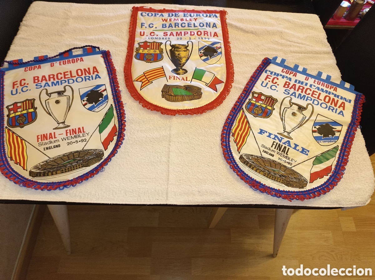 Coleccionismo deportivo: 3 banderines de la final de la Copa de Europa Barcelona-Sampdoria 1992, celebrada en Wimbley.