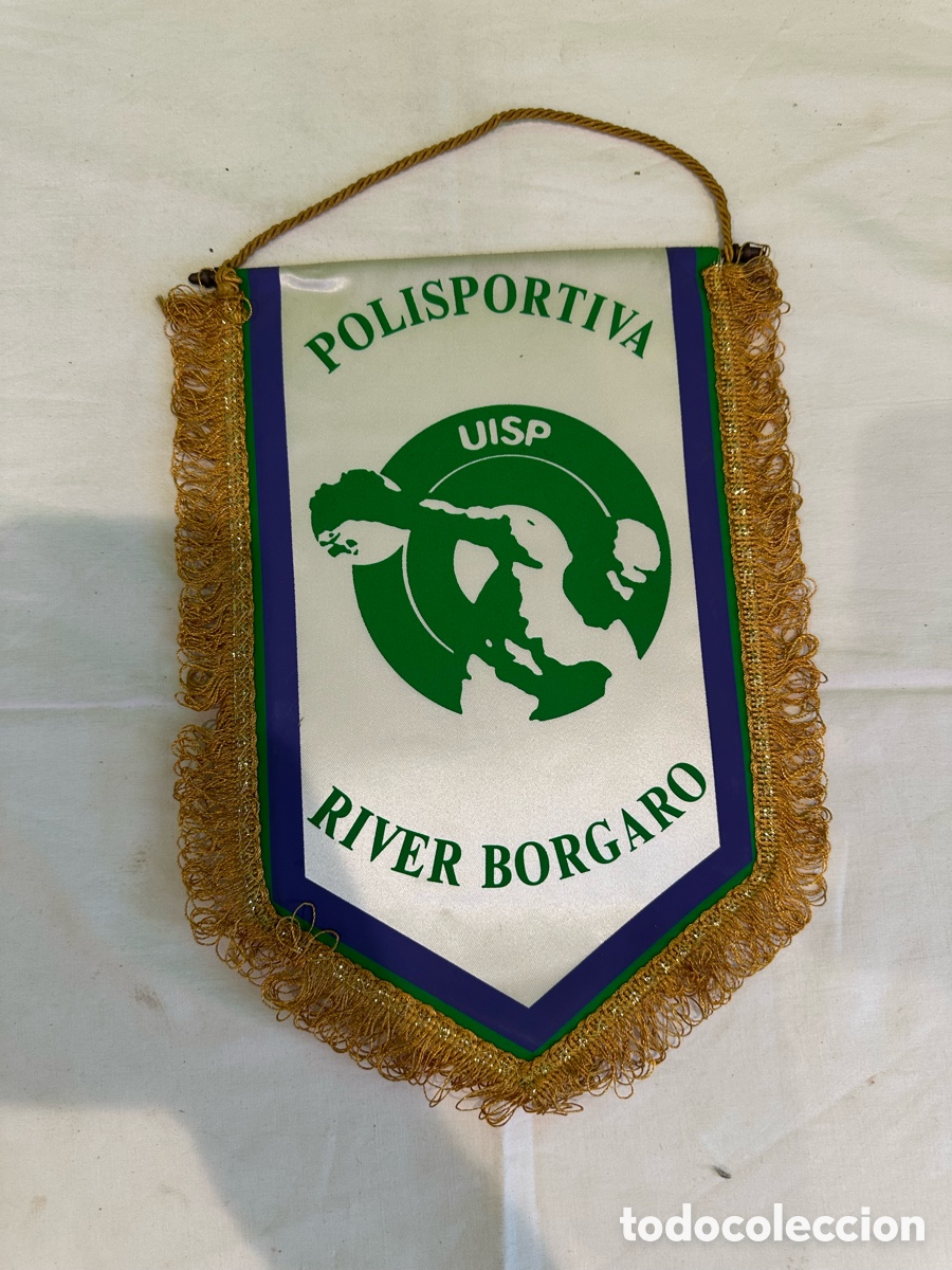 Coleccionismo deportivo: Bander&iacute;n antiguo Polisportiva River Borgaro UISP Italia f&uacute;tbol